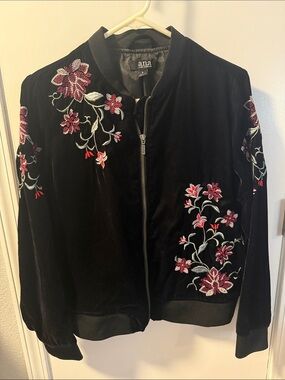 a.n.a Black Velvet Bomber Jacket with Pink Floral Embroidery Accents
